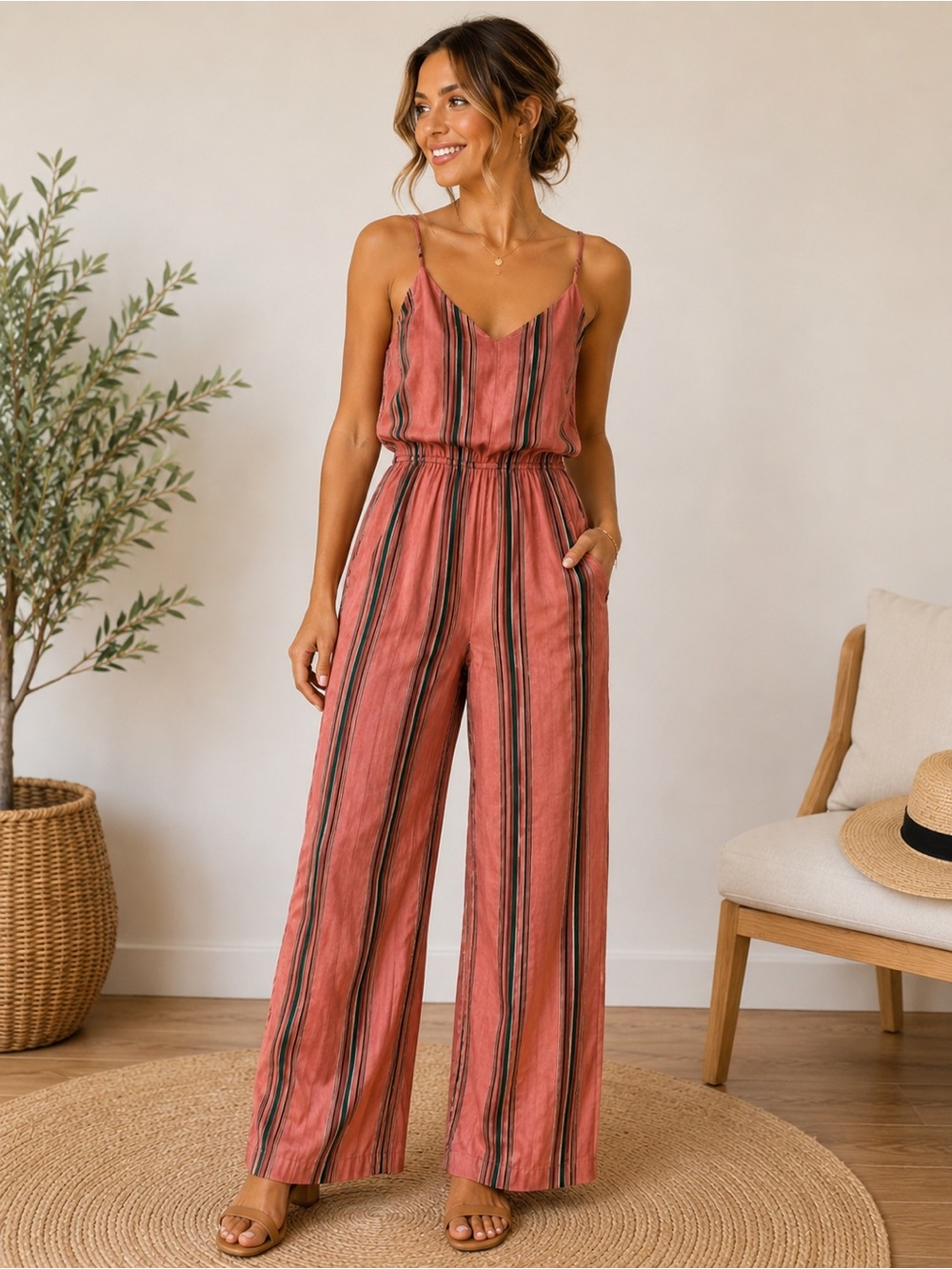 Shinestar Rust Striped Wide-Leg Jumpsuit with Green & Black Accents